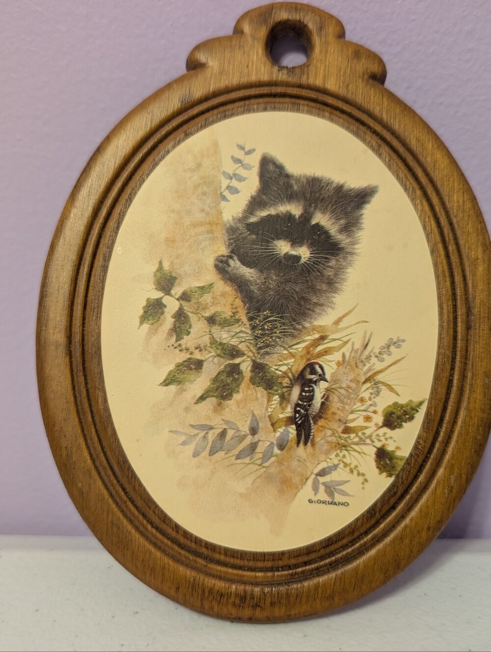 Vintage Raccoon Bird Wood Plaque Wall Art 6.5" x 4.5" 80's Cottagecore